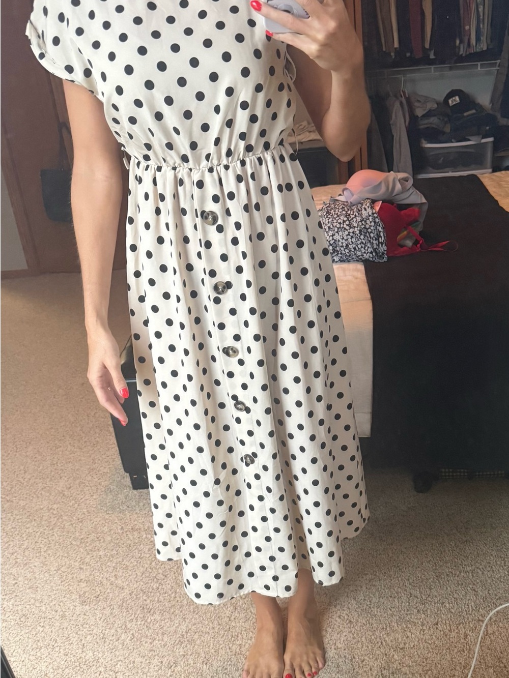 Goodnight Macaroom Polka Dot Button-Front Midi Dress - White with Black Dots